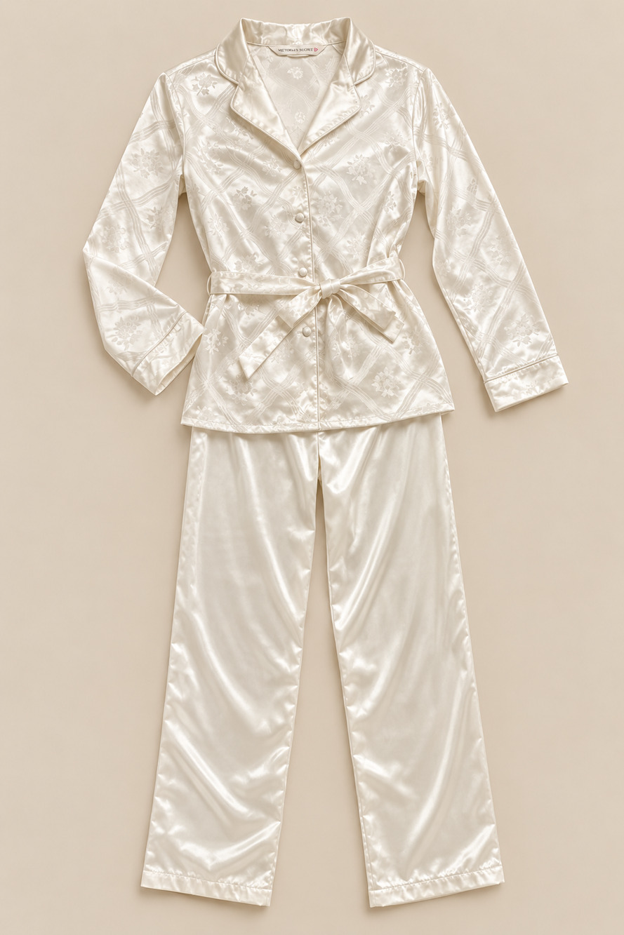 Vintage 90s Victoria’s Secret Ivory Satin Floral Pajama Set Medium Y2K